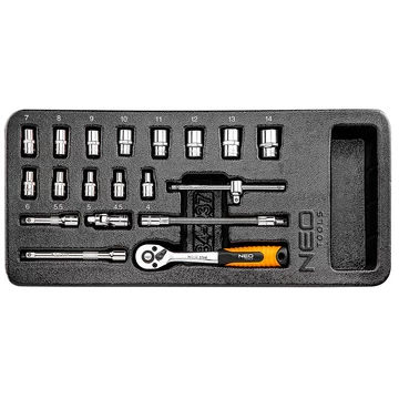 NEO Tools 84-237dugókulcs készlet műhelykocsitálcával, 19db, 1/4"