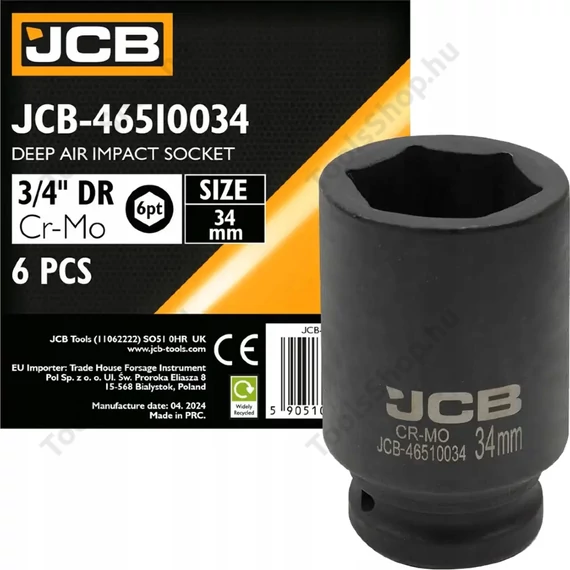 JCB 46510034 mélyített ütvecsavarozó dugókulcs 3/4" 34 mm
