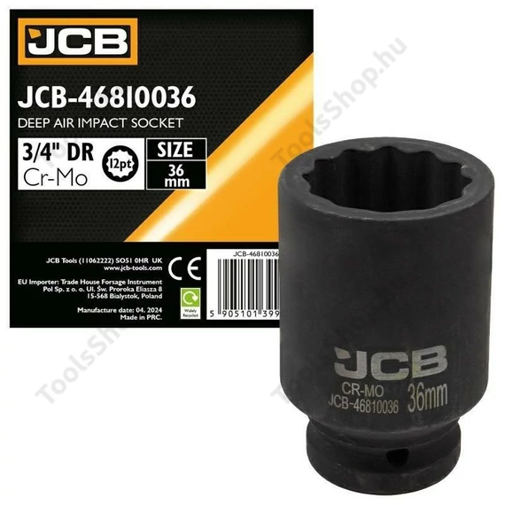 JCB 46810036 mélyített ütvecsavarozó dugókulcs 3/4" 36 mm