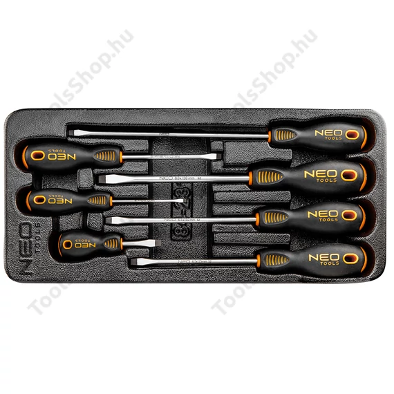 NEO Tools 84-231 lapos csavarhúzó készlet műhelykocsitálcával, 7db