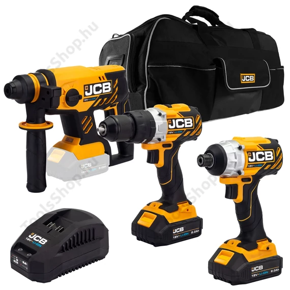 JCB 18BL3PK-2 kefementes ütvefúró és vésőgép szett, 18 V-os 2 x 2Ah Li-Ion akkumulátor, töltő és 26'' táska