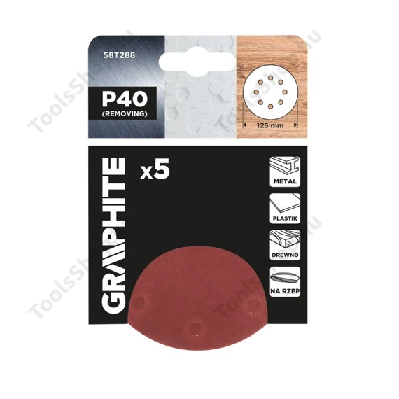 Graphite 58T288 tépőzáras csiszolókorongok 125 mm P40, 5 db